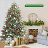 7 feet artificial Christmas tree with 1260 mixed PE and PVC tips, set up in a cozy living room with presents underneath.