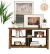 3 Tier wood TV stand in brown with open shelves and X-shaped frame, perfect for living room or bedroom storage.