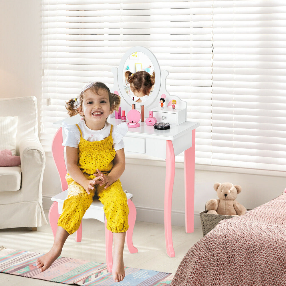 Kids Vanity Princess Makeup Dressing Table Stool Set with Mirror and Drawer-White - Gallery View 1 of 10