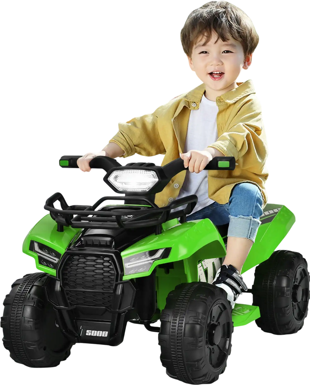 Kids riding the green 6V ATV quad electric car with LED light, designed for safe outdoor fun and realistic role play.