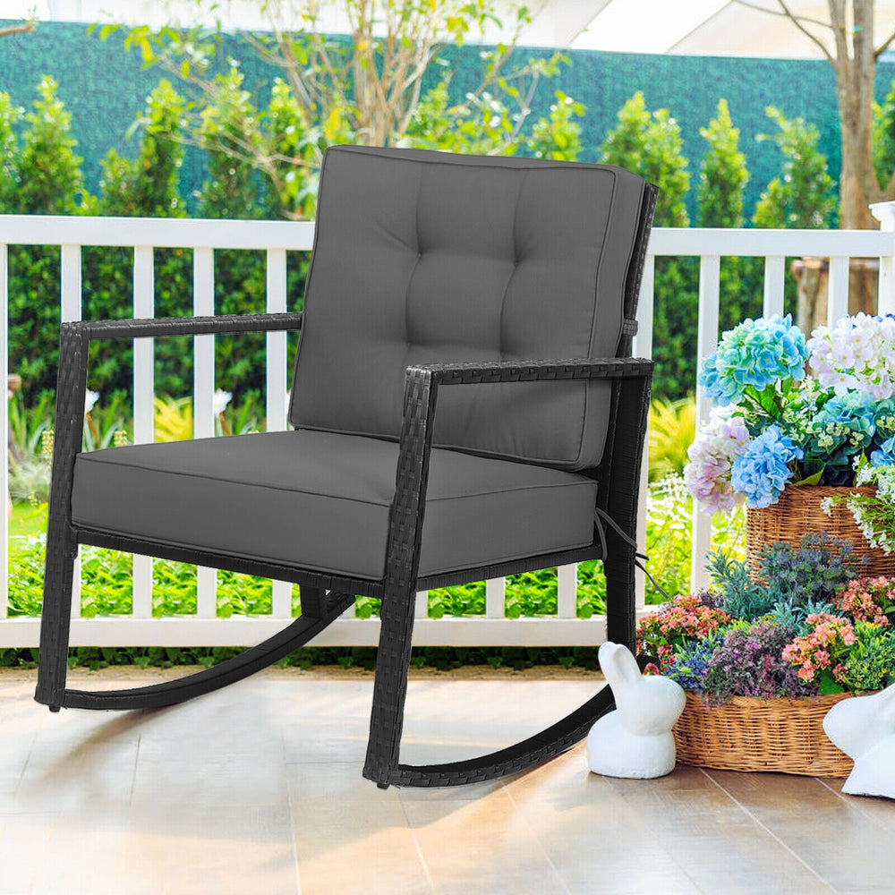 Patio Rattan Rocker Outdoor Glider Rocking Chair Cushion Lawn-Gray - Gallery View 1 of 12