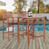 Bar stools from the acacia wood patio bar set featuring a sunflower patterned backrest, designed for comfort and style.