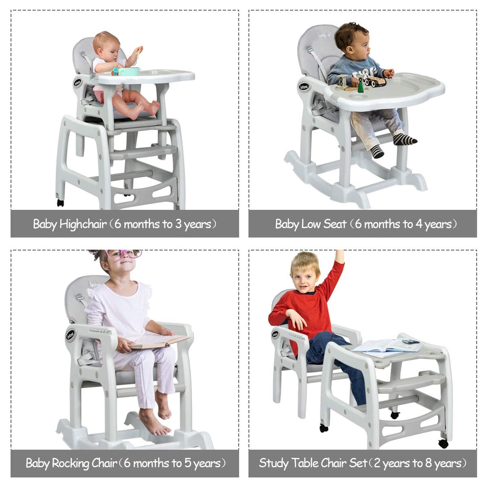 3-in-1 baby high chair in gray with adjustable trays, convertible to table and chair, ideal for ages 6 months to 8.
