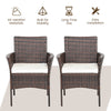 Two outdoor PE rattan armchairs with removable waterproof cushions, featuring curved armrests and a sturdy steel frame.