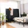 Four-panel black room divider with a sturdy steel frame, ideal for creating privacy in living rooms or patios.