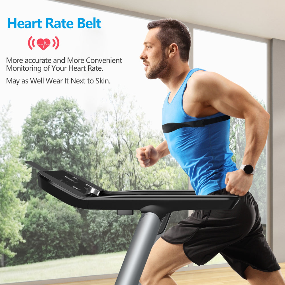 Folding treadmill with heart rate belt, featuring LED display and ultra-quiet motor for home workouts.