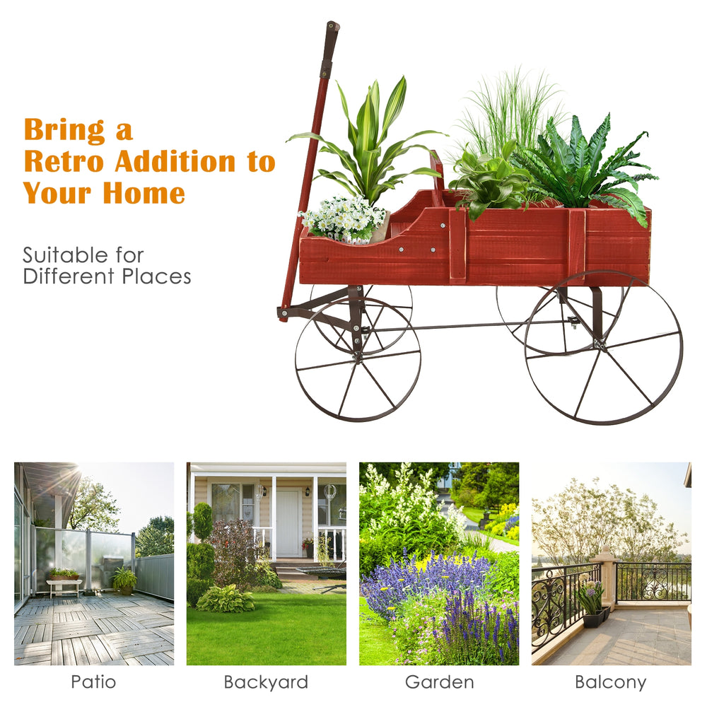 Wooden wagon plant bed in red with wheels, featuring two planting sections for garden or patio use.