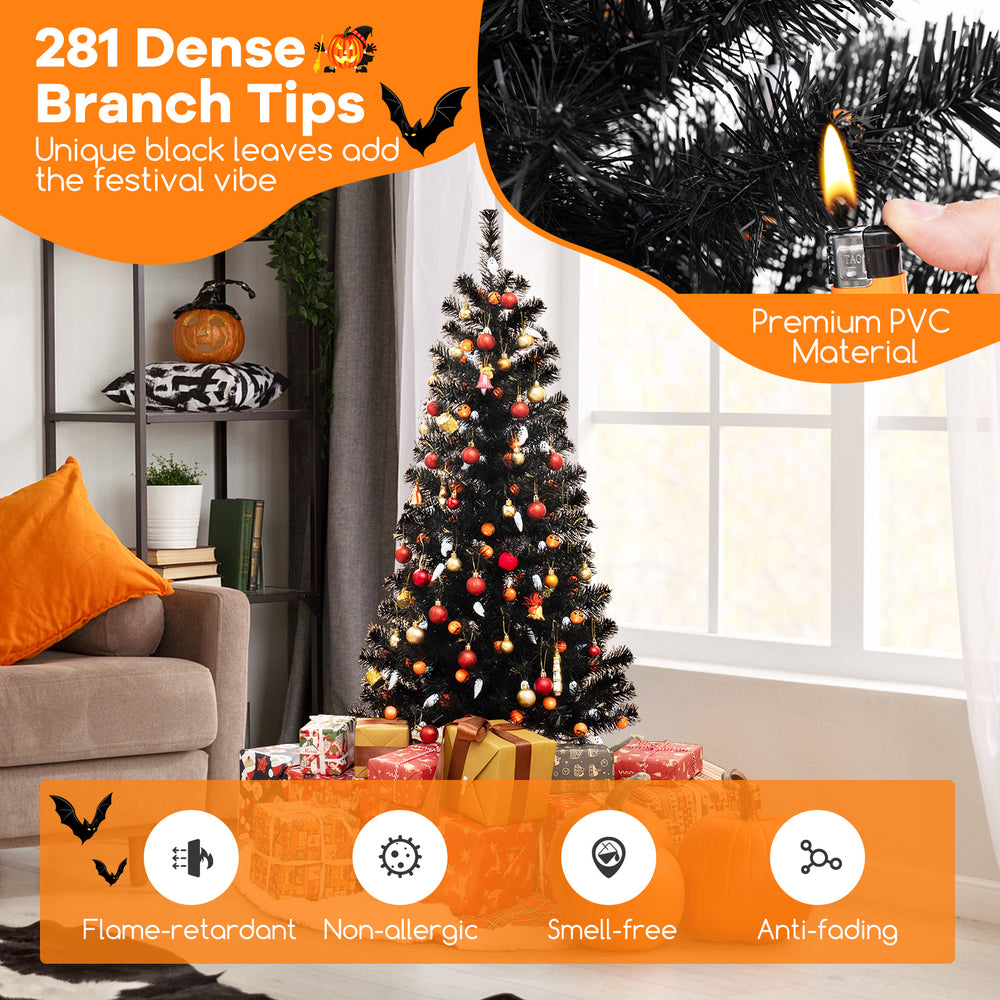 4.5 feet artificial Halloween tree with black leaves, 281 branch tips, and 6 lighting modes for festive decoration.