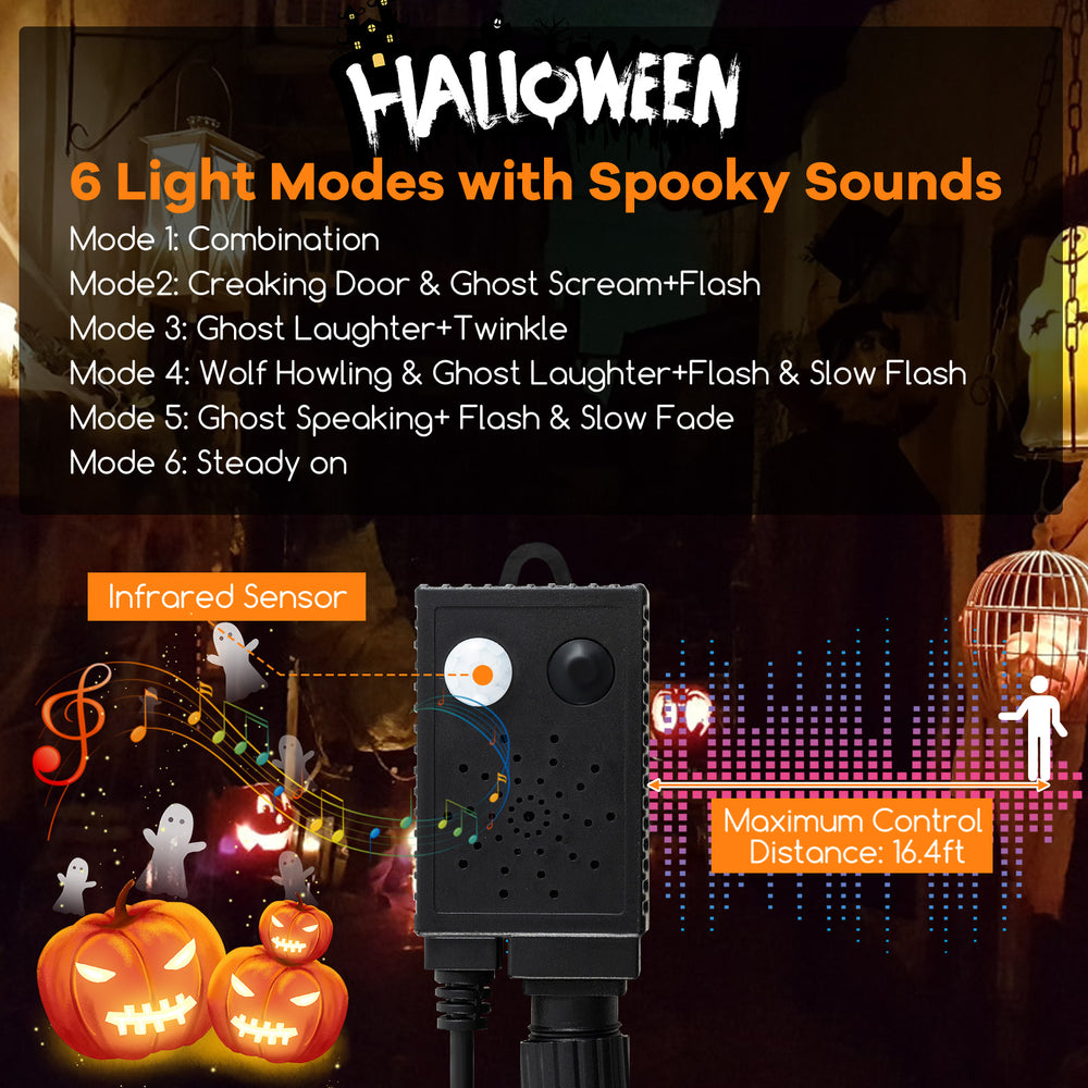 4.5 feet artificial Halloween tree with black leaves, 6 lighting modes, and spooky sounds for festive decoration.