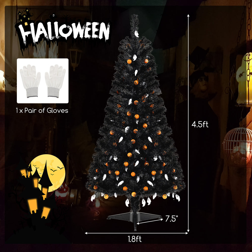4.5 feet artificial Halloween tree with black leaves, 65 ghost and pumpkin lights, featuring 6 lighting modes and 5.