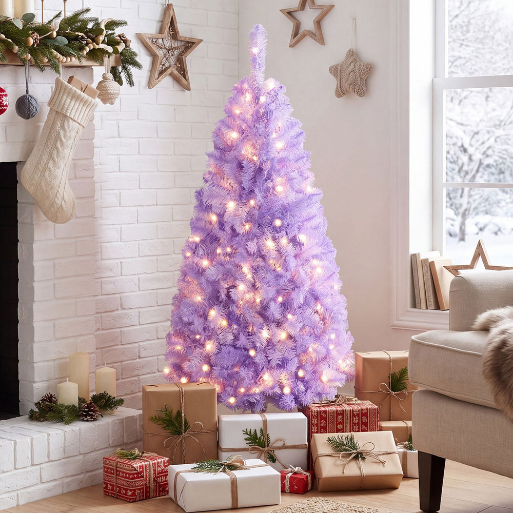 Light purple pre-lit Christmas tree with 140 warm white LED lights, perfect for festive holiday displays and cozy ambiance.