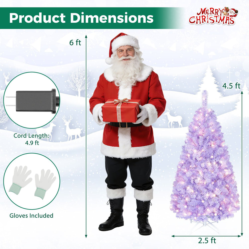 Light purple 4.5 FT pre-lit Christmas tree with 140 warm white LED lights, ideal for festive holiday displays.