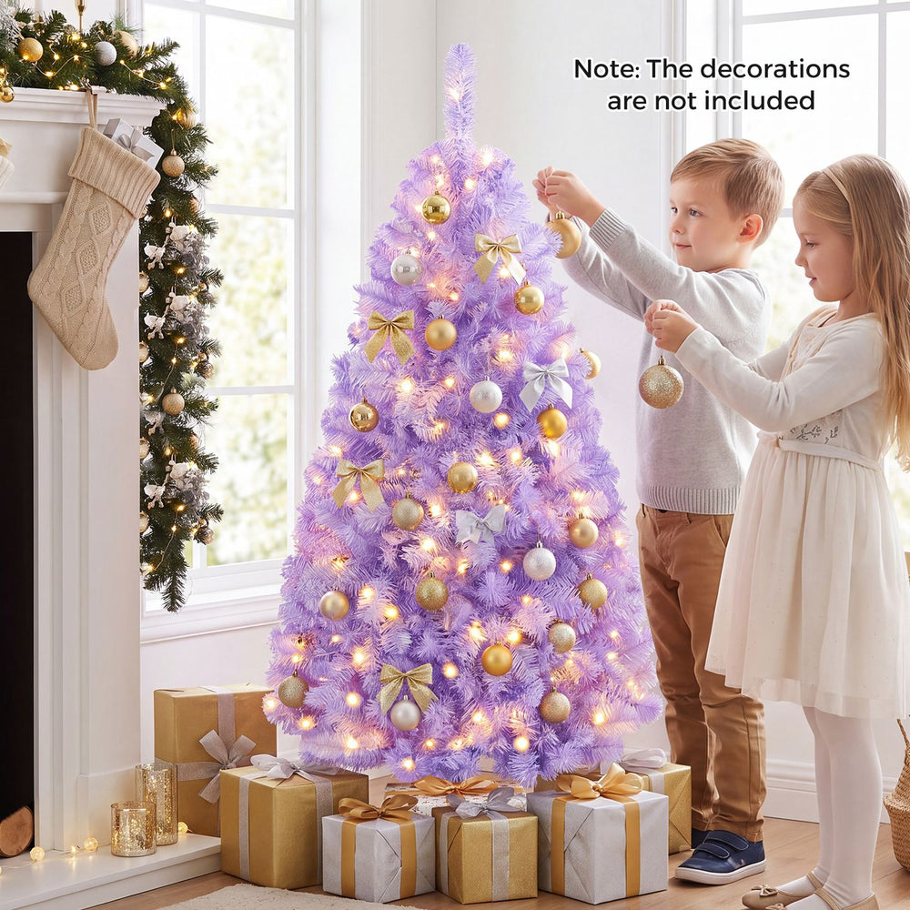 Light purple 4.5 FT pre-lit Christmas tree with 140 warm white LED lights, perfect for festive holiday displays.