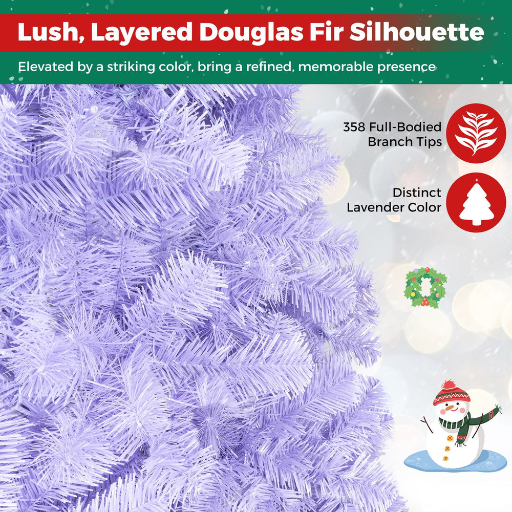 Light purple pre-lit Christmas tree with 140 warm white LED lights and 358 full-bodied branch tips for festive displays.