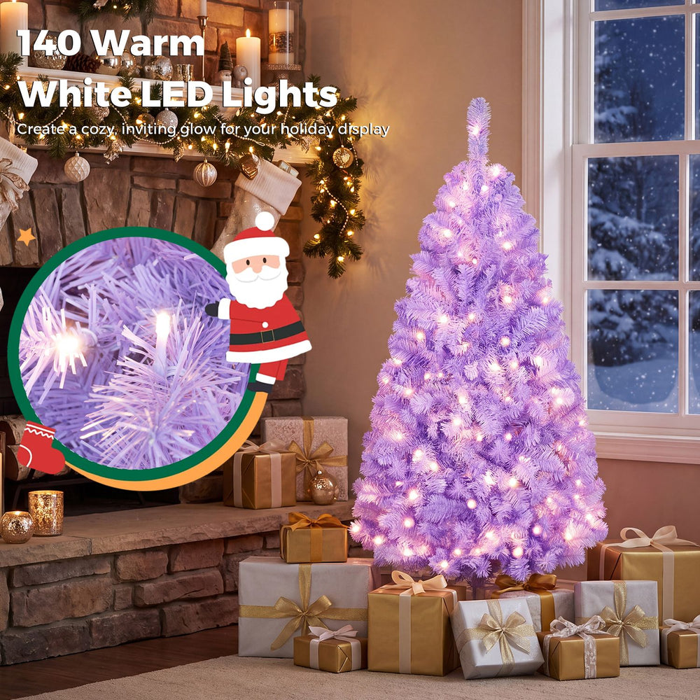 Light purple pre-lit Christmas tree with 140 warm white LED lights, ideal for festive holiday displays and easy setup.