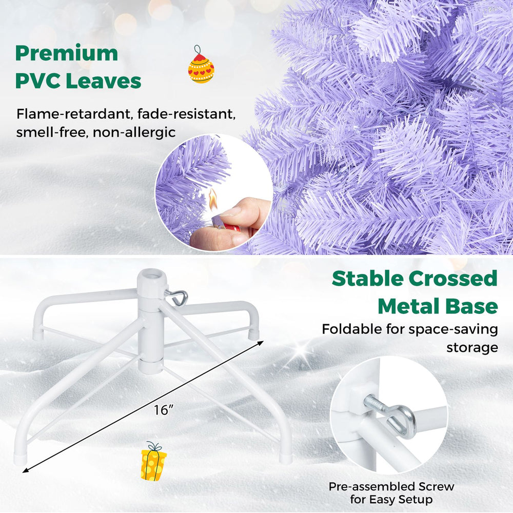 Light purple pre-lit Christmas tree with 140 warm white LED lights and a foldable metal base for easy storage.