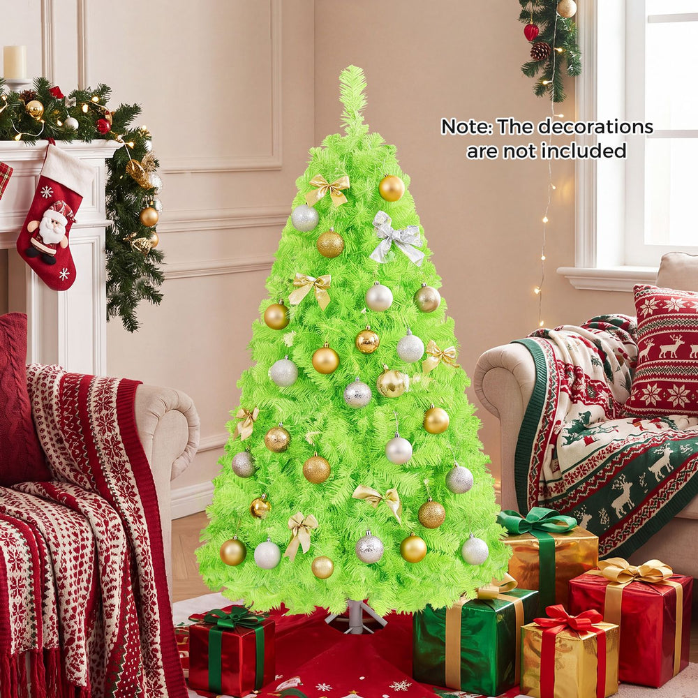Lime green pre-lit Christmas tree with 500 warm white LED lights, perfect for festive holiday displays and easy setup.