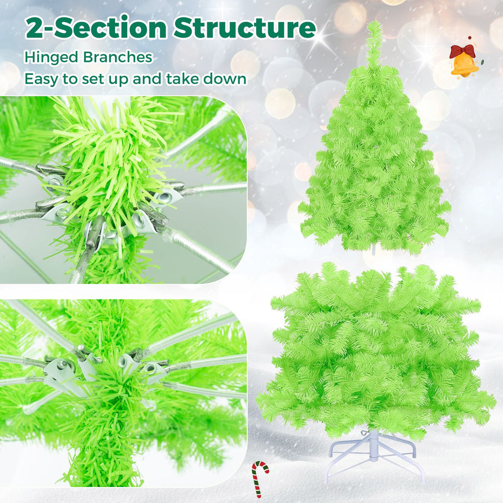 Lime green pre-lit Christmas tree with warm white LED lights and hinged branches for easy setup and festive displays.