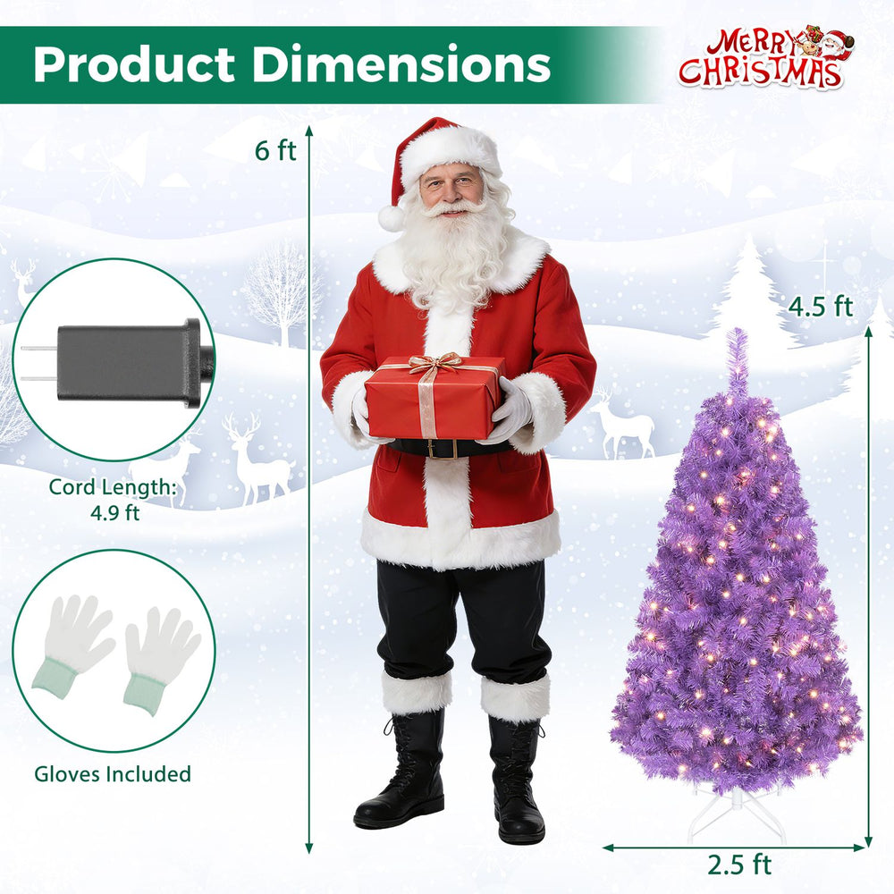 4.5 FT pre-lit purple Christmas tree with warm white LED lights, featuring 1338 branch tips for a rich holiday display.
