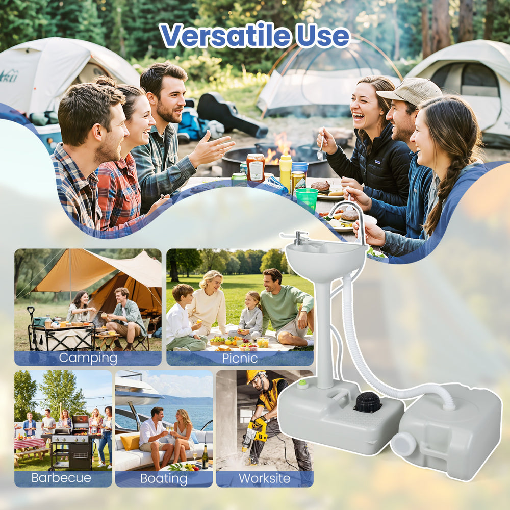 4.5-gallon wash basin stand with stainless steel faucet and rolling wheels, ideal for camping, picnics, and barbecues.