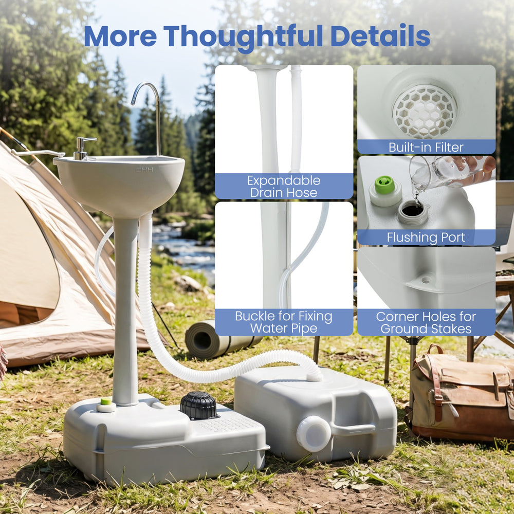 4.5-gallon wash basin stand with a 6.34-gallon recovery tank, featuring a built-in filter and rolling wheels for easy transport.