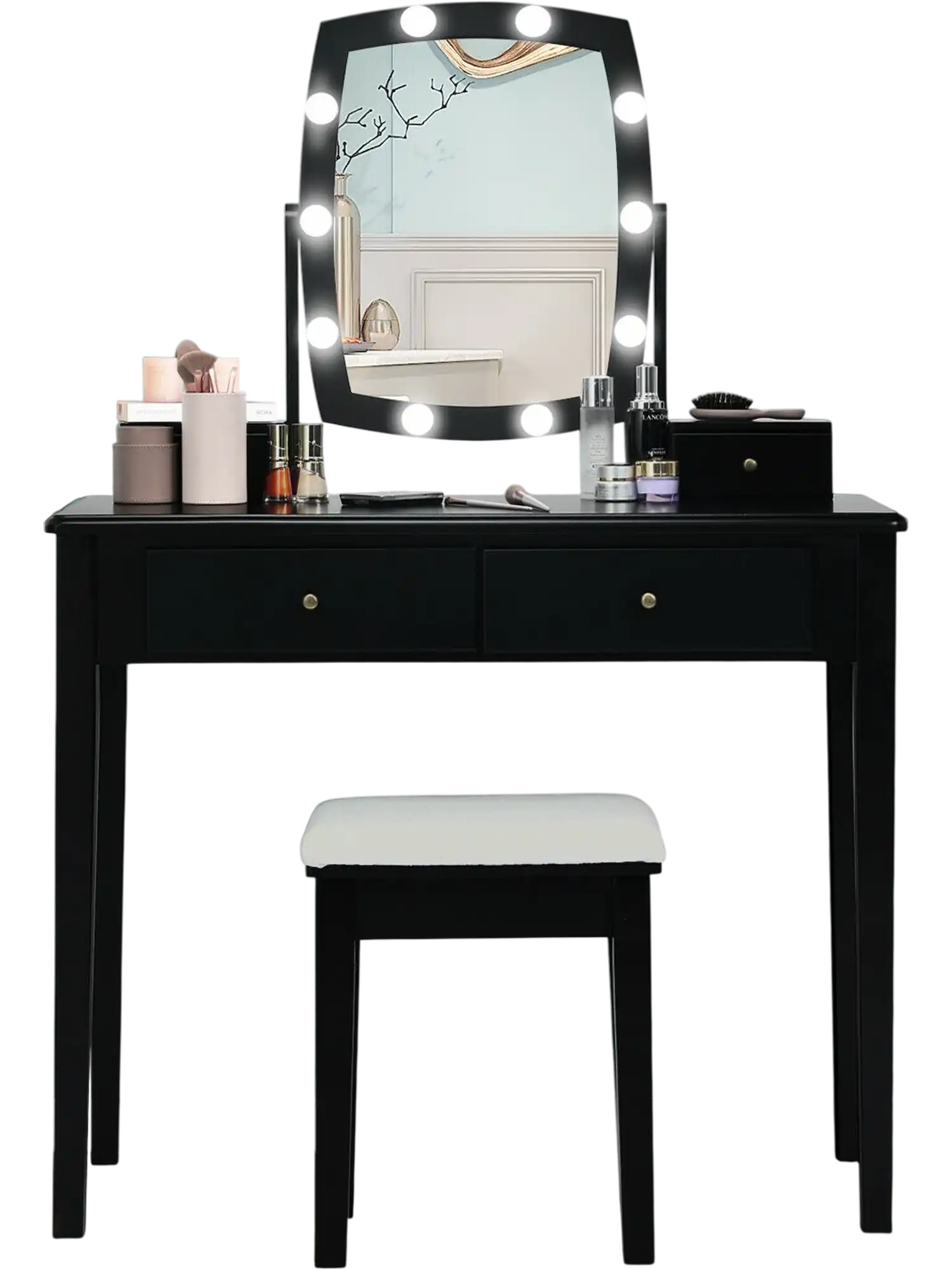 Costway Lighted Mirror Vanity Table Set Black 30798541 New