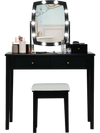 Black vanity table set with lighted mirror, featuring 10 dimmable bulbs and ample storage, perfect for bedroom use.
