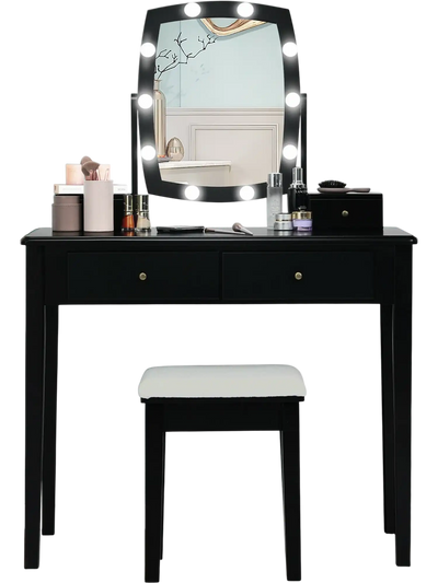 Costway Lighted Mirror Vanity Table Set Black 30798541 New