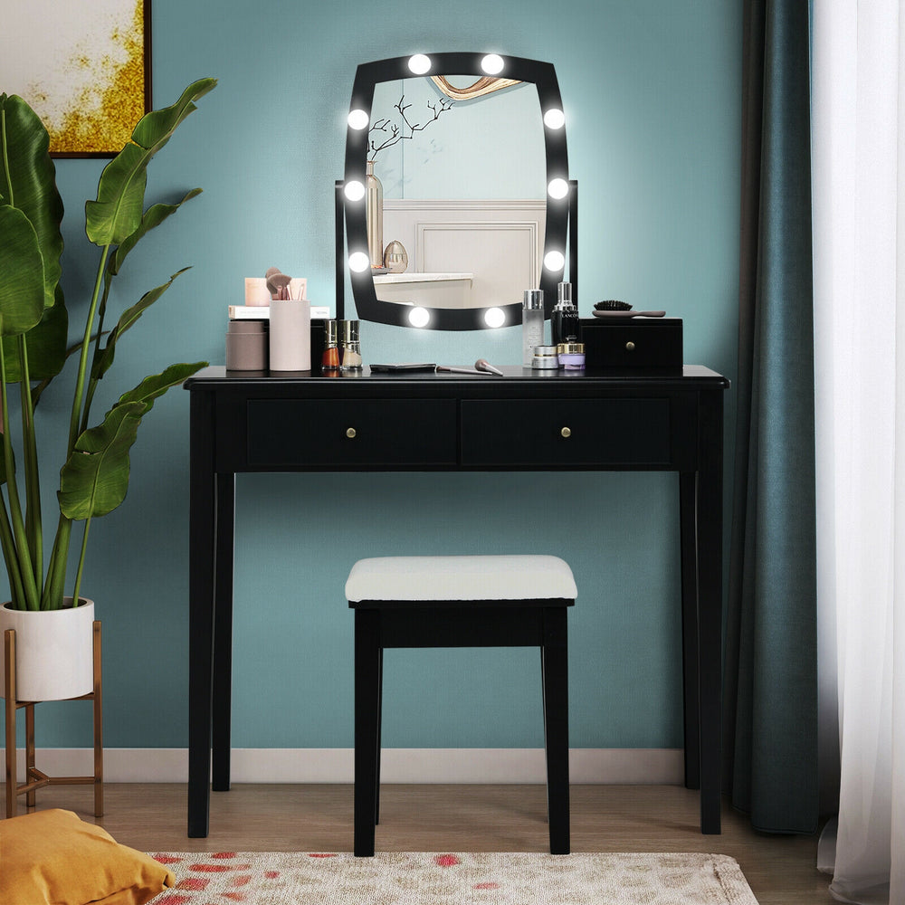 Vanity Table Set with Lighted Mirror for Bedroom and Dressing Room-Black - Gallery View 1 of 10
