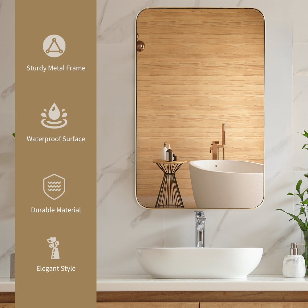 32-inch wall-mounted rectangular mirror with a golden metal frame, perfect for bathrooms and versatile home decor.