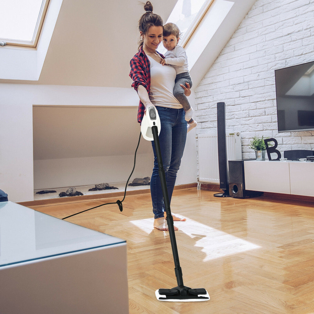 Multipurpose 1400W steam cleaner in gray with a child lock, used for efficient cleaning in a modern living room.