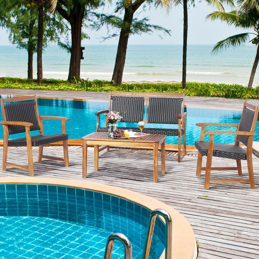 Outdoor patio rattan furniture sofa set with acacia wood frame, ideal for poolside relaxation and gatherings.