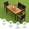 4-piece acacia wood patio dining set with rattan chairs, featuring a large tabletop for outdoor meals and easy assembly.