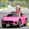 Pink Maserati licensed 12V kids ride-on car with LED lights, remote control, and safety features for fun outdoor.