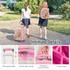 Kids rolling suitcase and backpack set in pink with astronaut pattern, featuring adjustable handle and durable.