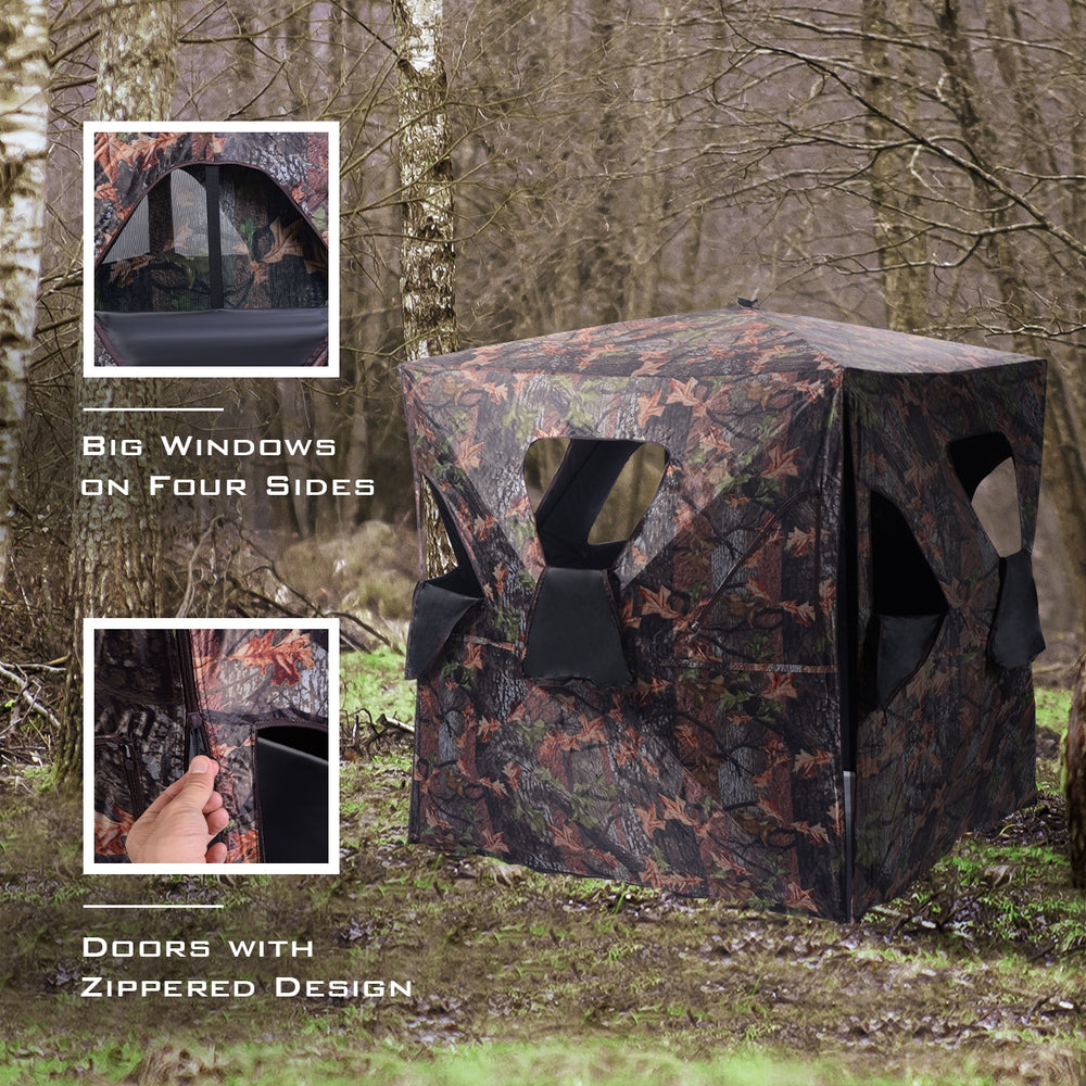 Portable deer hunting blind with camo design, featuring big windows for 360° visibility and easy setup for stealthy.