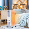 Oil-filled radiator heater with adjustable thermostat and 4 wheels, ideal for bedroom or office use.