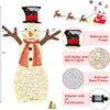 Lighted snowman decoration with 80 warm LED bulbs, waterproof tinsel, and anti-rust steel frame for indoor/outdoor use.