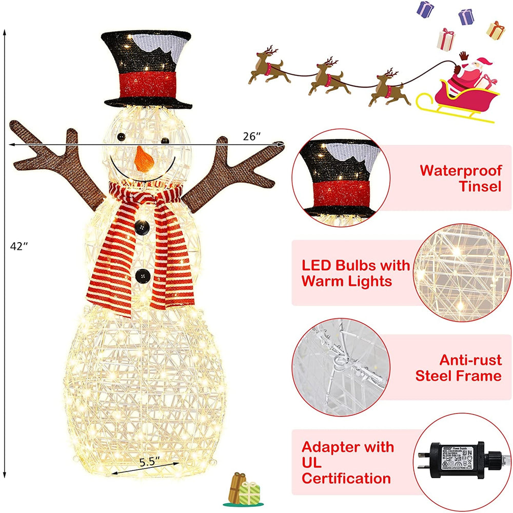 Lighted snowman decoration with 80 warm LED bulbs, waterproof tinsel, and anti-rust steel frame for indoor/outdoor use.