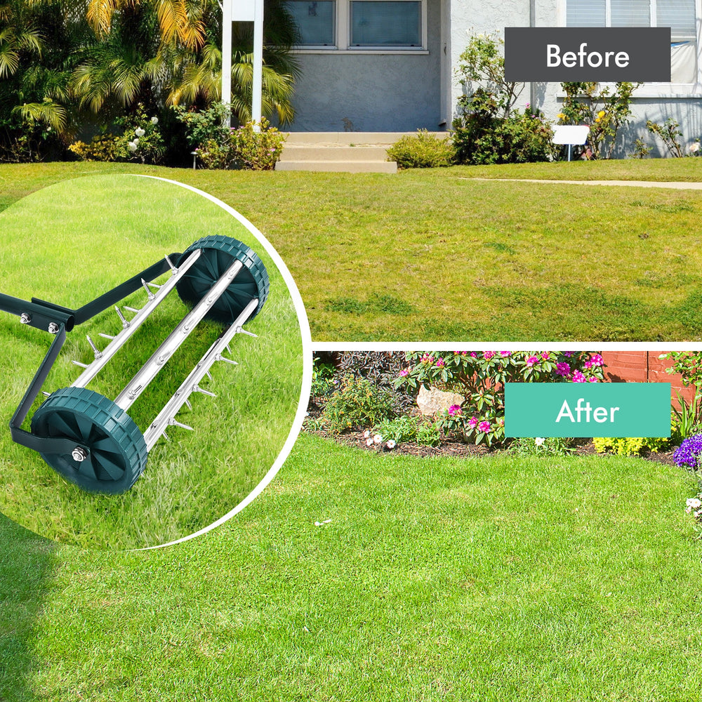 18-inch rolling lawn aerator with tine spikes, showcasing before and after lawn aeration results for healthier grass.