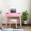 Pink makeup vanity table with flip-top mirror, 2 drawers, and plush stool, perfect for creating a chic and functional.