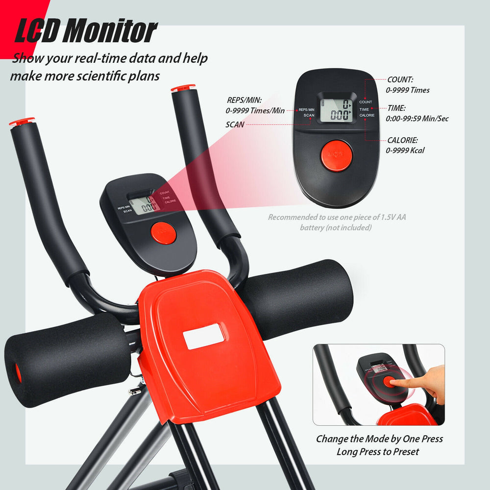 Foldable adjustable core abdominal trainer with LCD display, 3 resistance levels, and padded handrails for comfortable.