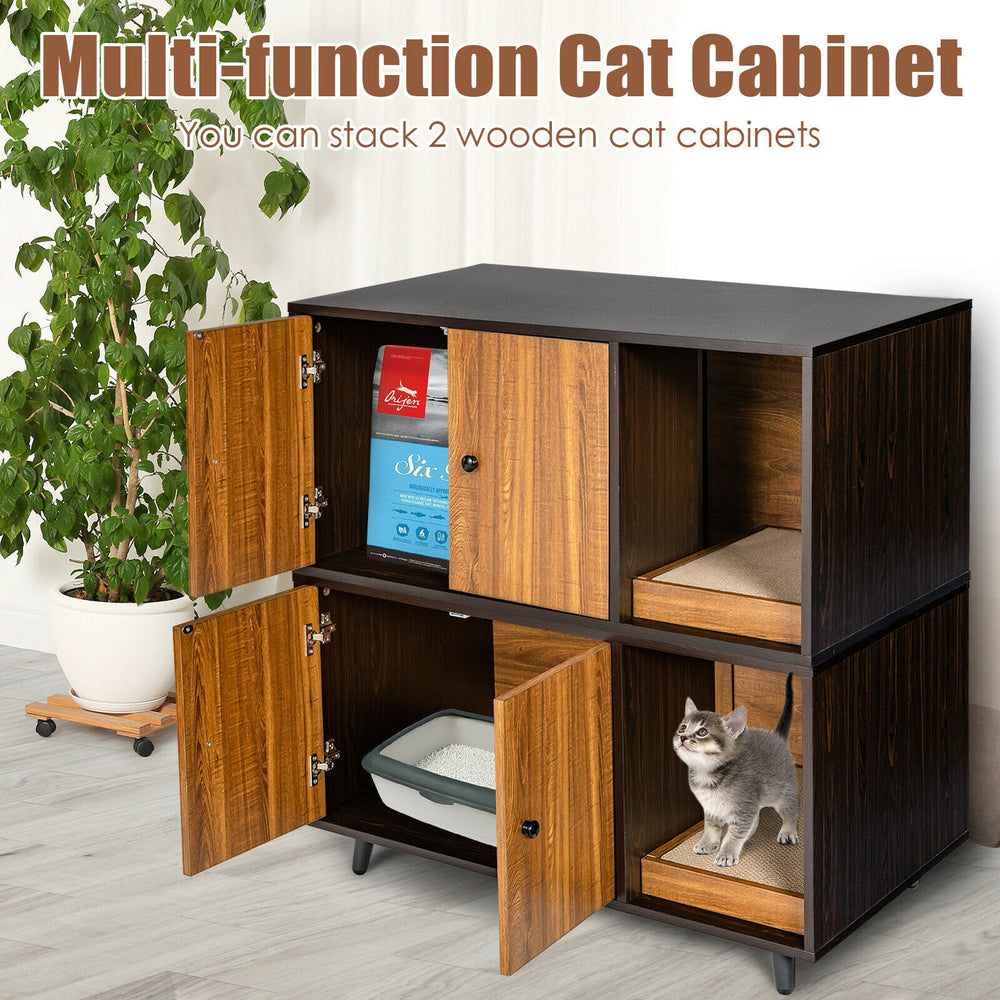 Cat litter box enclosure in coffee color with double doors, divider, and scratching pad for a stylish pet-friendly.