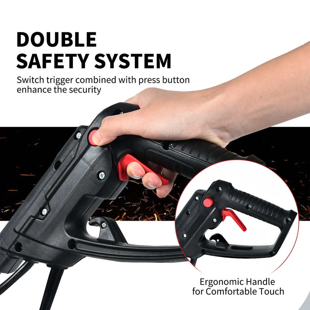Ergonomic handle of the 14-inch electric tiller with double safety switch for secure gardening tasks.