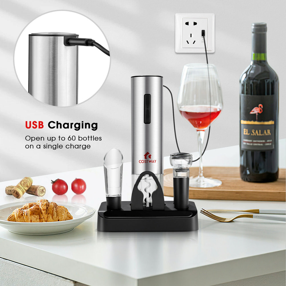 6-in-1 electric wine bottle opener set in stainless steel, USB charging, includes foil cutter and wine stoppers for.