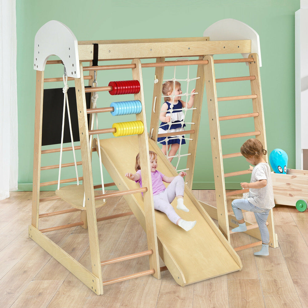 Indoor Playground Climbing Gym Wooden 8-in-1 Climber Playset for Children-Natural - Gallery View 1 of 10