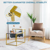 2-tier end side table with metal frame, marble patterns, and adjustable foot pads for stability in living room decor.