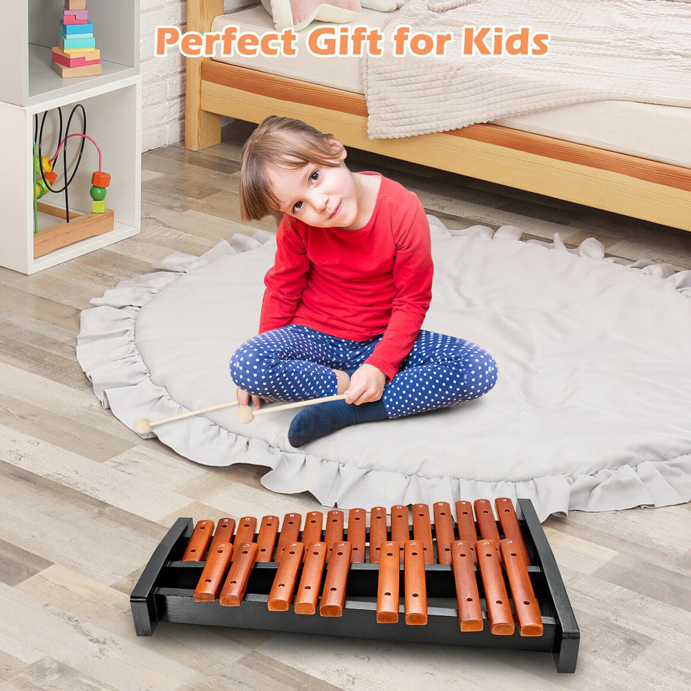 25-note wooden xylophone with mallets, featuring hardwood keys for durability, perfect for kids' music education.