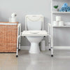 3-in-1 bedside commode with adjustable height, removable backrest, and sturdy iron frame for bathroom convenience.
