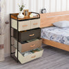 4-tier organizer tower with steel frame and wooden top, featuring 5 fabric drawers for versatile storage in any room.